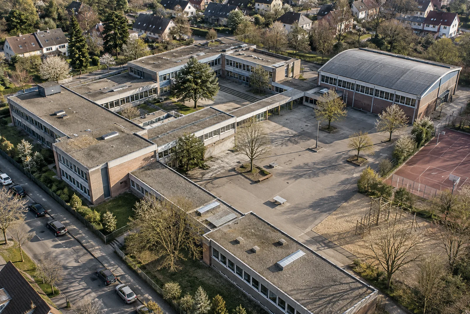 Schulzentrum mit Turnhalle aus den 1970ern im Ruhrgebiet von oben, viele Zonen für den Energieausweis 2027, bedarfsausweis® Nordrhein-Westfalen