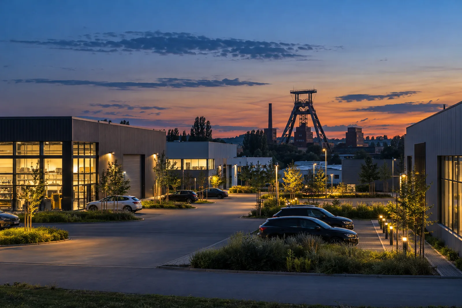 Gewerbegebiet im Ruhrgebiet mit Fördergerüst zur blauen Stunde, Energieausweis noch 2026 nach bisherigem Recht ausstellen lassen, bedarfsausweis® Nordrhein-Westfalen